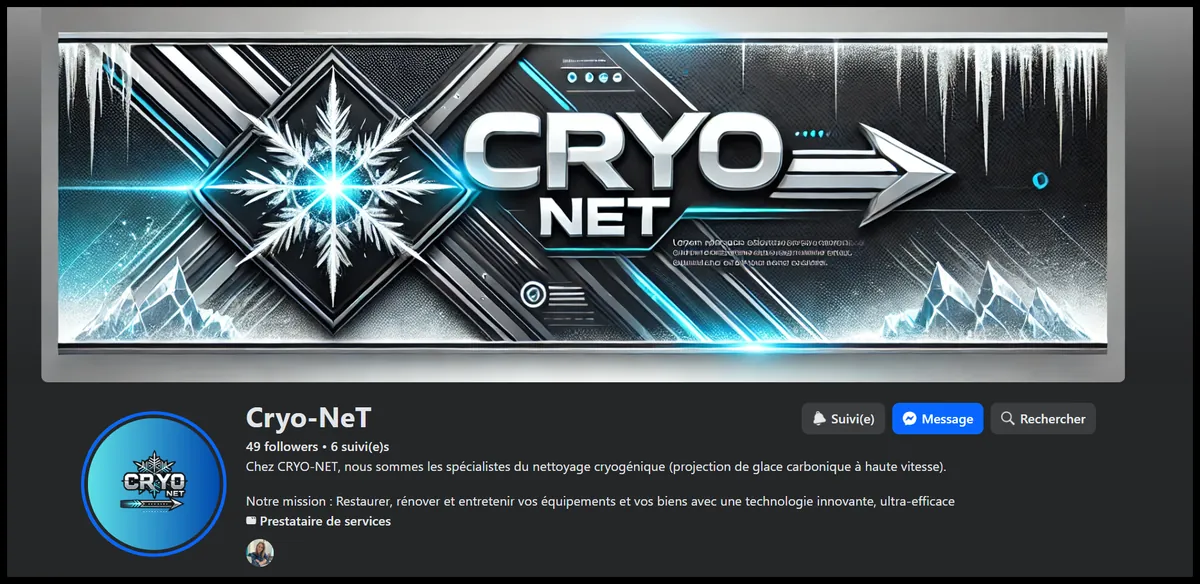 Page Facebook de Cryo-Net avec l'ancien visuel chromé généré par IA