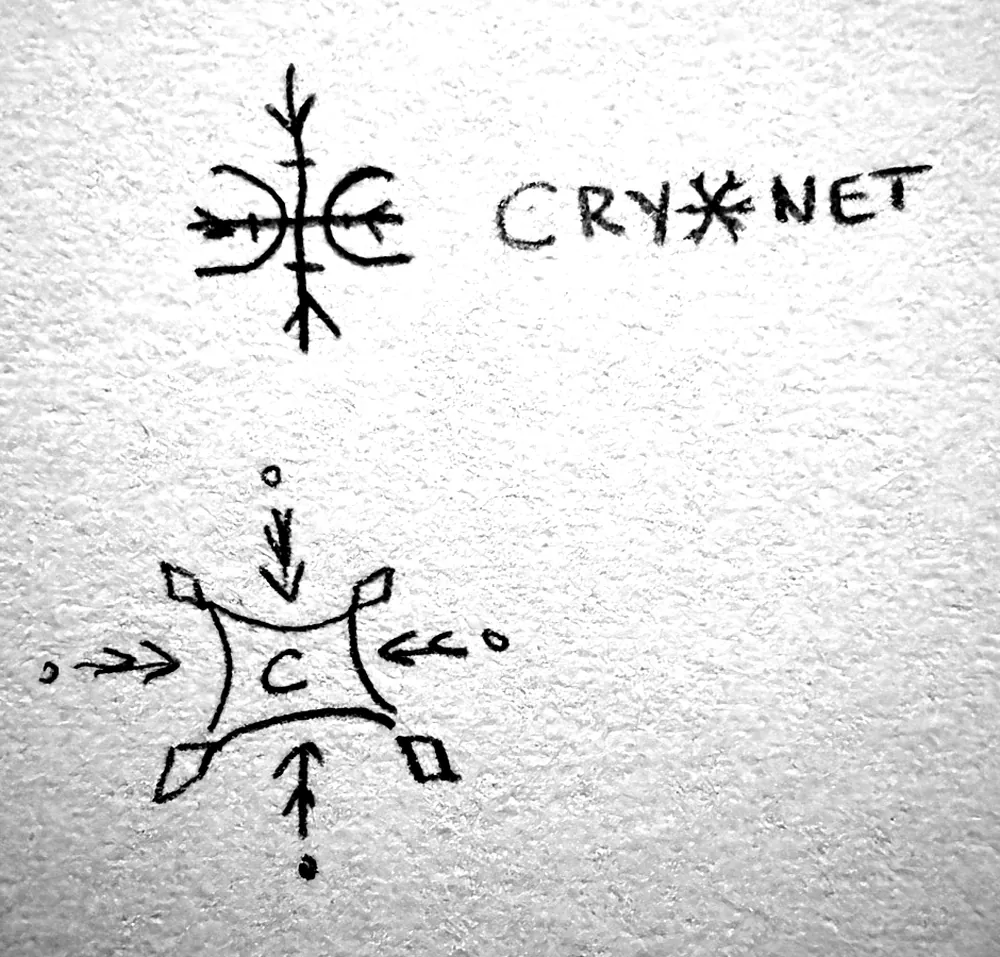 Croquis au crayon du monogramme : deux C dos à dos formant un flocon, entourés de flèches