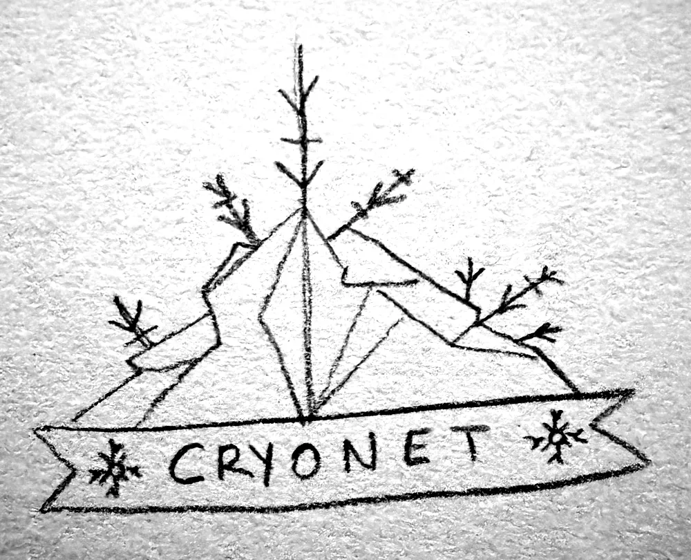 Croquis au crayon : montagne, sapins et bandeau portant le nom Cryonet