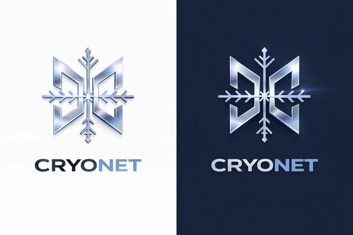 Proposition intermédiaire du logo Cryo-Net en rendu métallisé, sur fond clair et sur fond sombre