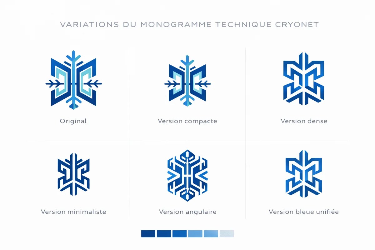 Six variations du monogramme Cryo-Net : originale, compacte, dense, minimaliste, angulaire et unifiée